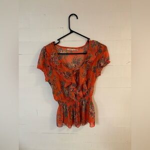 POETRY Coral Floral Ruffle Blouse Smocked Waist Size M